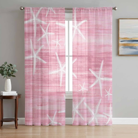 Pink Coastal Sheer Curtains 96 Inch Length 2 Panels Set, Summer Ocean Waves Ombre Sea Starfish Voile Window Treatment Semi Sheer Long Curtains Drapes for Bedroom/Living Room/Kitchen 52"x96"x2