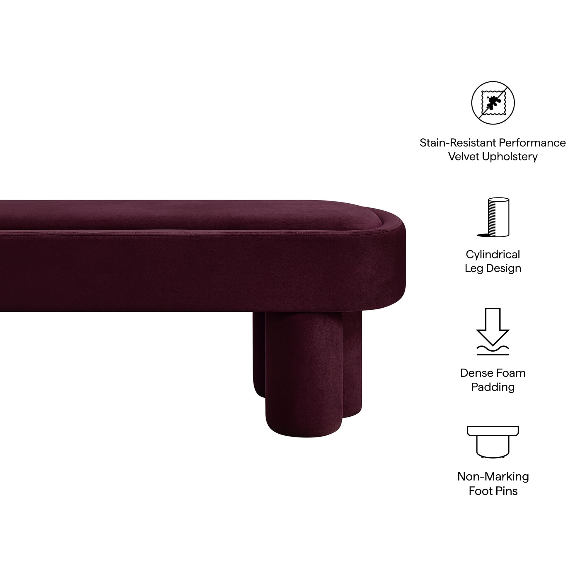 Mossi Oval Performance Velvet Accent Bench in Mulberry