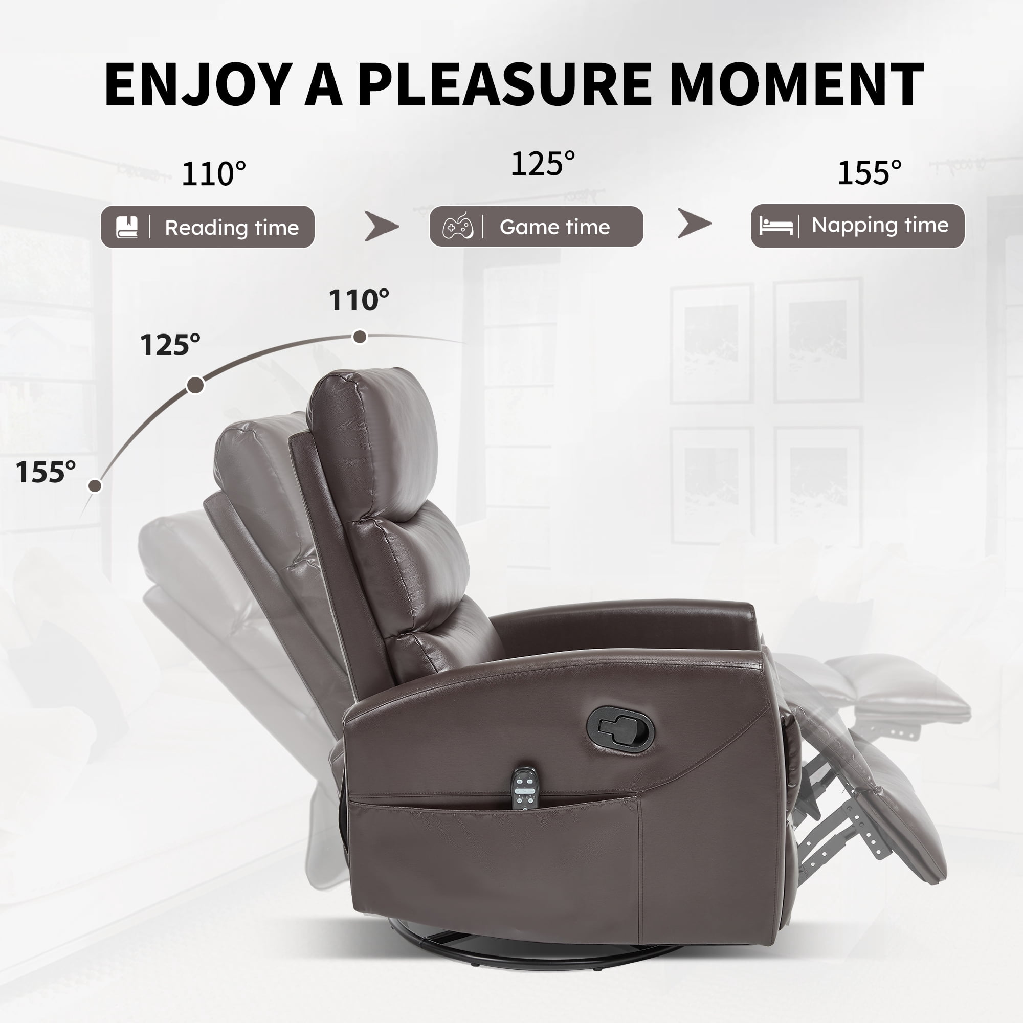 Leumius Swivel Recliner Chair,360° Glider Rocking Chair with Massage and Heating,PU Leather Small Manual Recliner for Nursery Home Theater,Brown PU