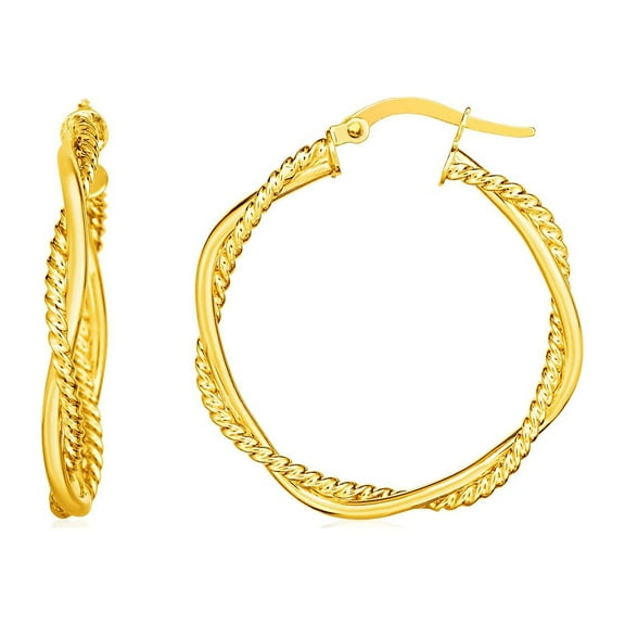 14k Yellow Gold Two Part Textured Twisted Round Hoop Earrings