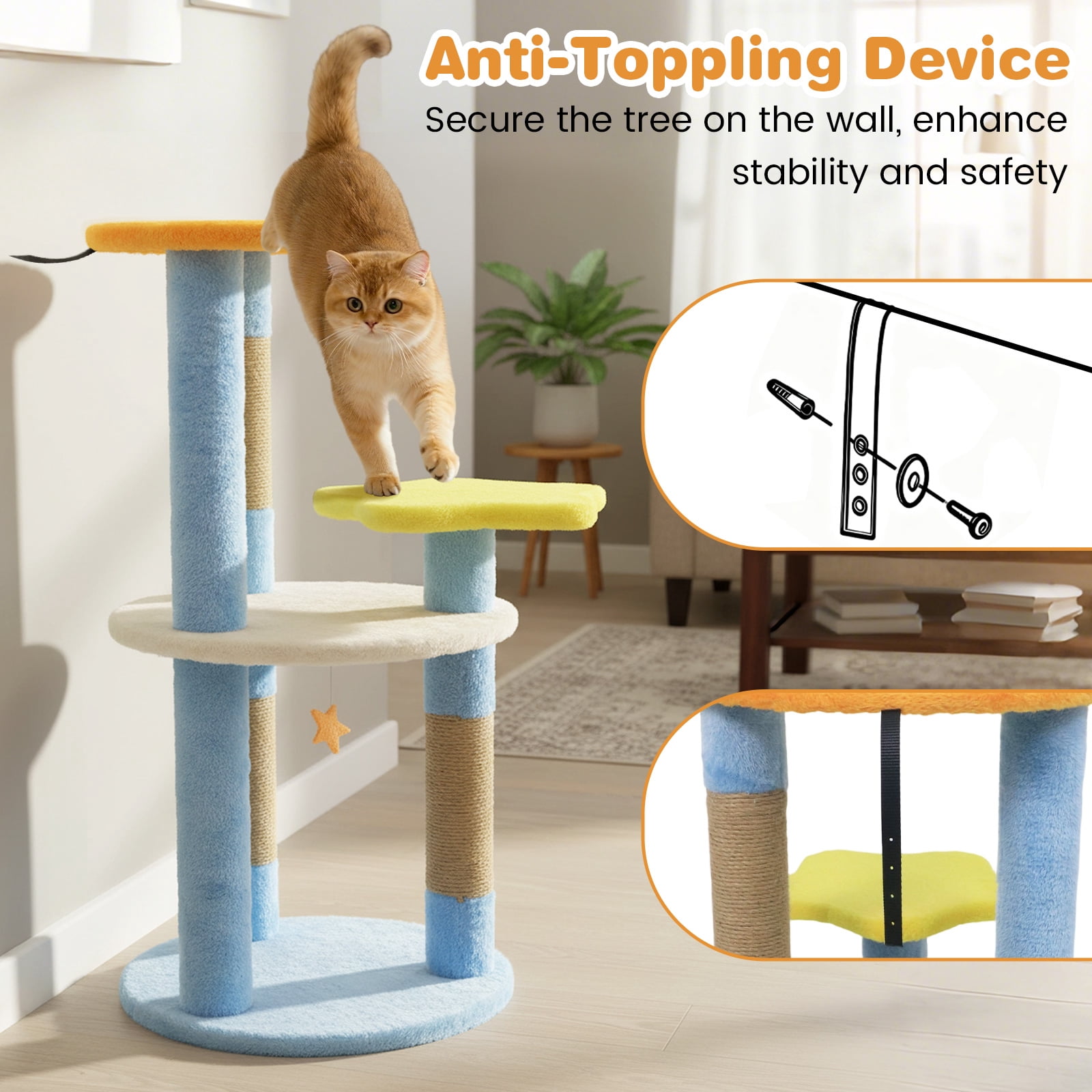 Costway 29” Cute Modern Cat Tree with Star & Moon Shaped Platforms, Jute Scratching Posts Blue