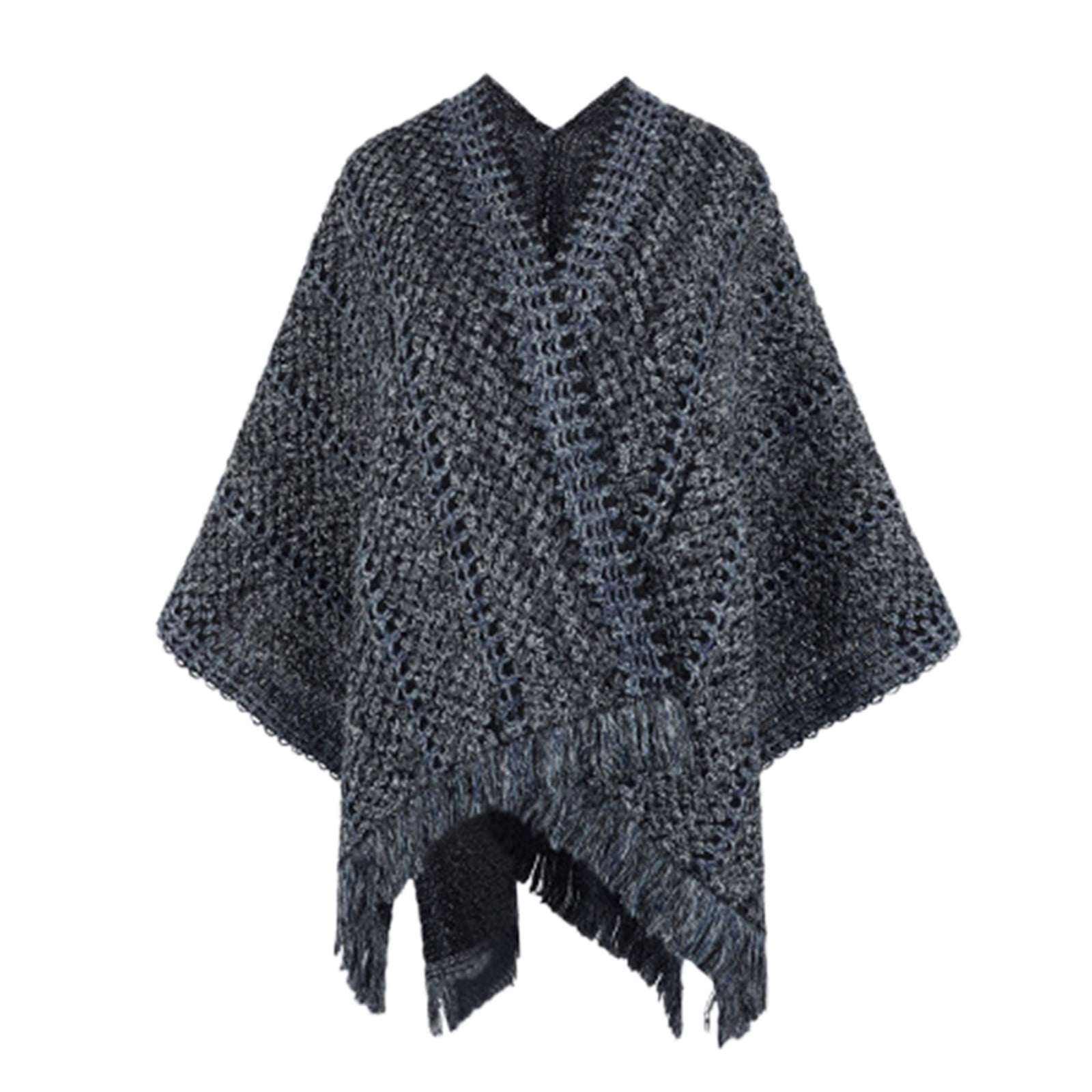 Women Fall Winter Bump Color Checked Fringe Cape Scarf Knit Shawl Warm