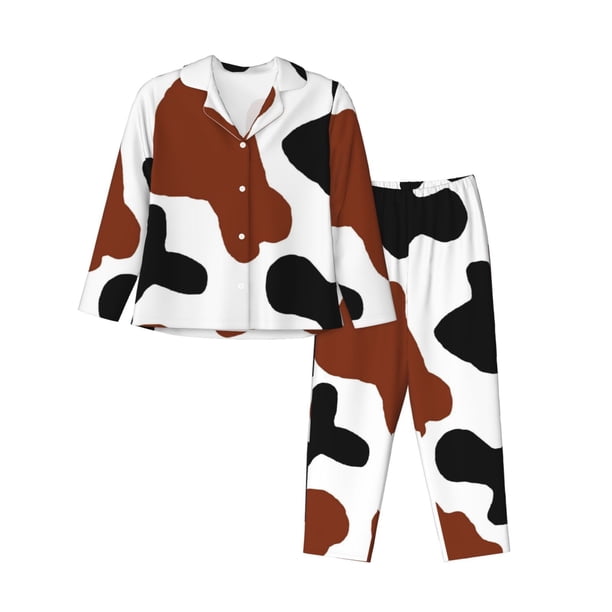 Balery Brown Black Cow Conjunto de Pijama con Estampado para Mujer, Conjunto de Dos Piezas con Manga Larga, Ropa de Dormir Suave con Bolsillos, Pijamas Cómodos-Medium