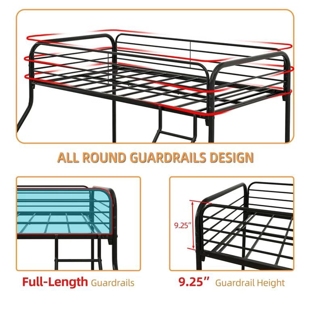 Gewnee Twin over Full Bunk Bed, Metal Bed Frame with Ladder&Safety Guardrail for Kids Teens,Black
