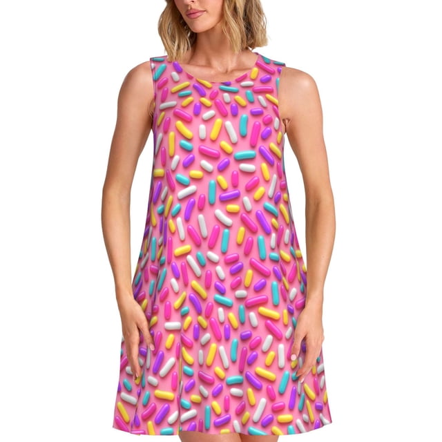 Balery Colorful Donuts 1 Vestidos de verano para mujer con estampado: vestido holgado sin mangas, vestido playero informal y cómodo para días calurosos.