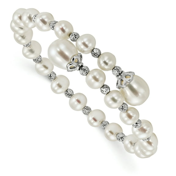 Primal Silver Sterling Silver Rhodium-plated 6-9mm White Freshwater Cultured Pearl Diamond-cut Wrap Bracelet