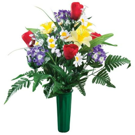Outdoor Plastic Flowers Bright Spring Memorial Bouquet by OakRidge™ -- Silk Floral Indoor/Outdoor Décor, 23” High ()
