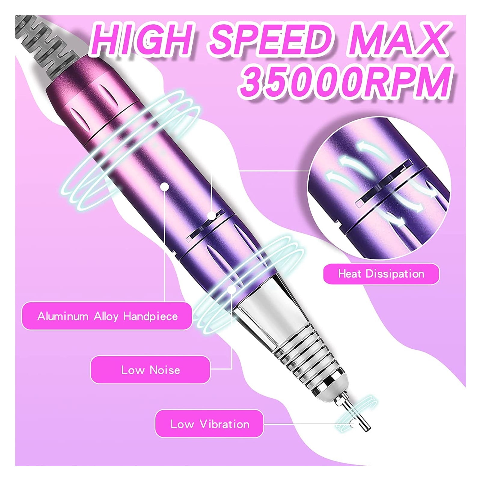35000RPM Electric Nail Drill Machine Rechargeable Nail Sander LED Display Gel Remover Set Portable Nail Salon Polisher Equipment ,Low Noise