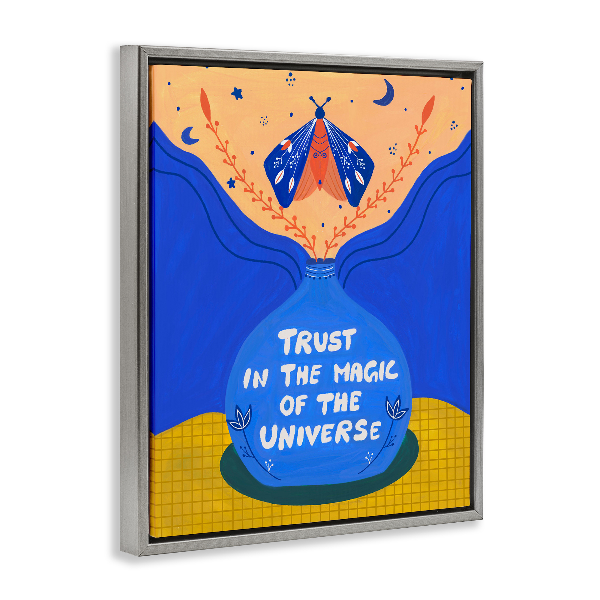 Trust In Magic Of Universe Gray Framed Floater Canvas Wall Art, design by Nabeela Rumi