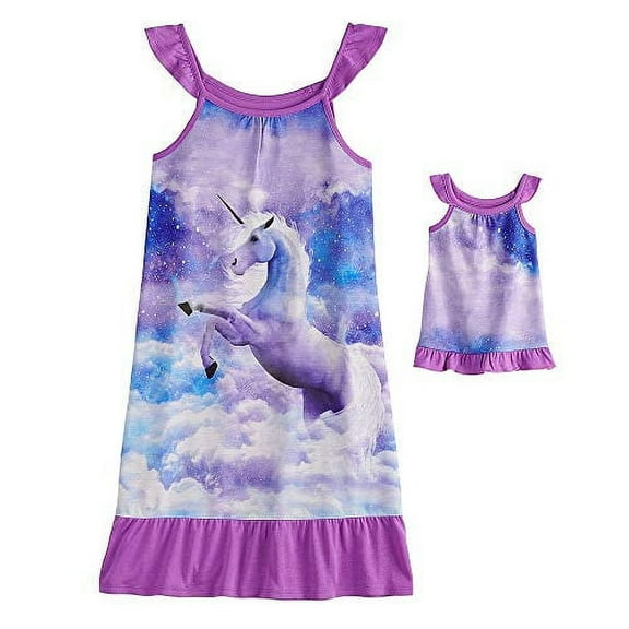 Girl's Unicorn Star Purple Flutter Sleeve Nightgown with Doll Gown, Size 5/6