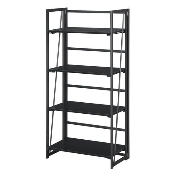 Pemberly Row Folding Four-Tier Bookshelf in Black Wood Finish