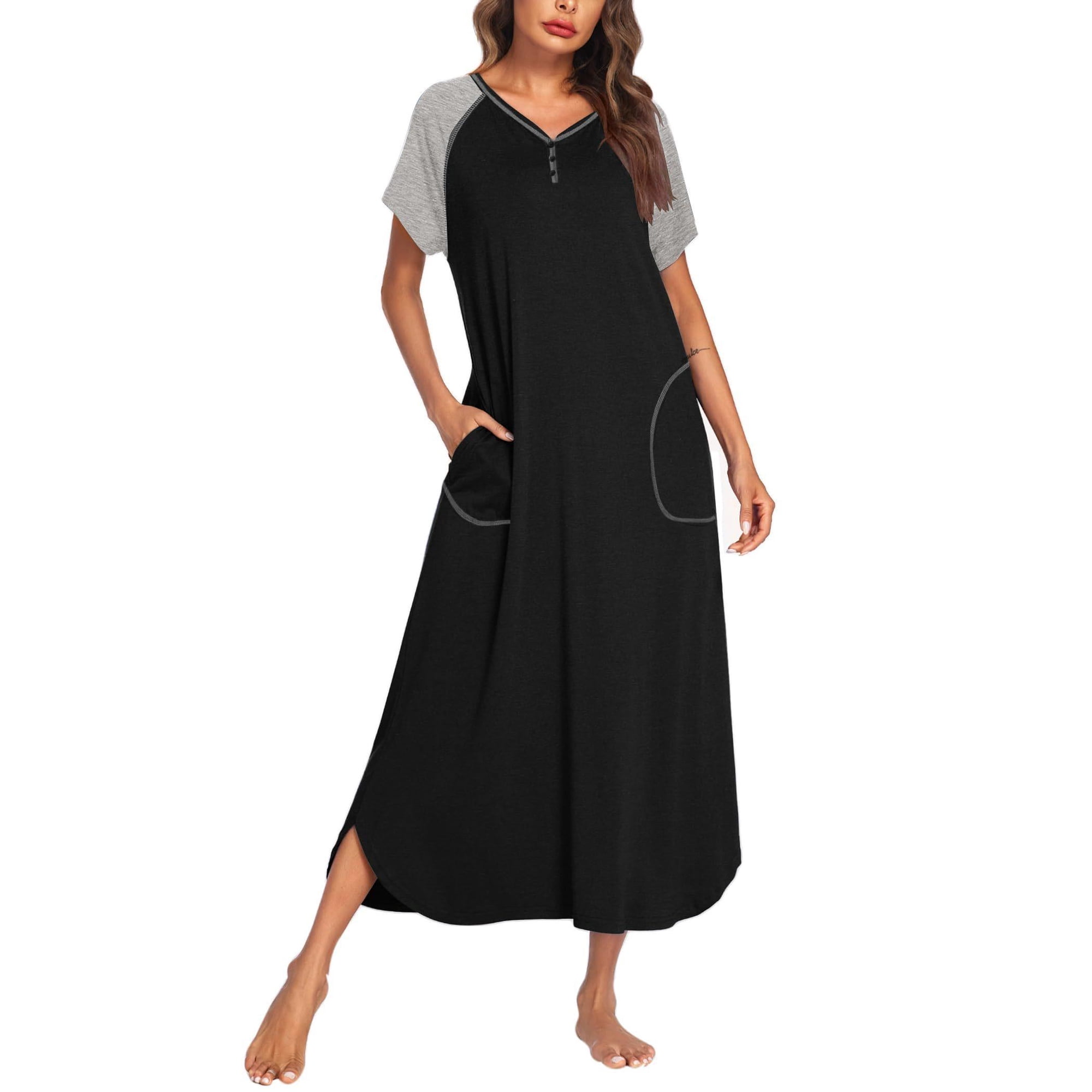 Ekouaer Long Nightgown Women's Loungewear Full Length Sleep Shirt Short Sleeve Sleepwear with Pockets