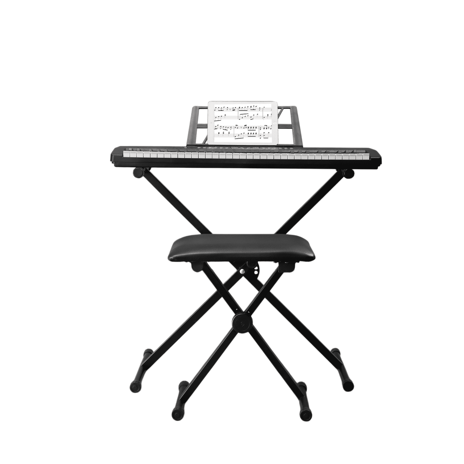 Hassch 61 Key Keyboard Piano for Beginners, Complete Keyboard Kit with Stand, Bench, Headphone, Microphone, Music Rest, LED Screen, Built In Speakers and 3 Teaching Modes, Black