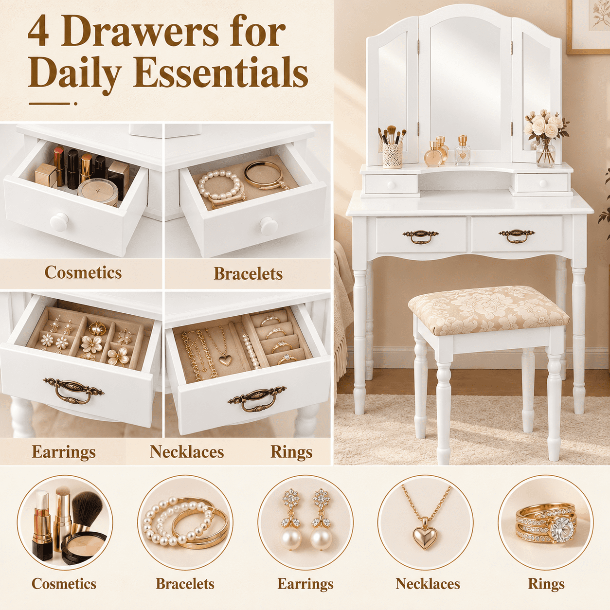 Furnibear Makeup Vanity Table Set with Tri-Folding Mirror 4 Drawers Cushioned Stool and Wood Legs for Bedroom, White