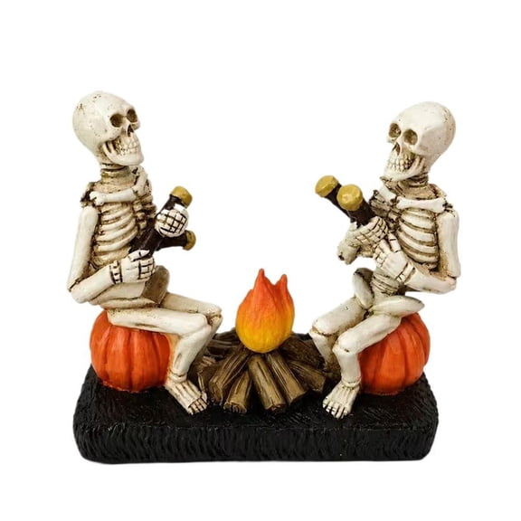 Halloween Resin Skeleton Campfire Decoration, Two Skeletons Sitting on Pumpkin Figurine, Spooky Tabletop Ornament for Home, Mantel, Shelf, Office, Party & Fall Holiday Decor