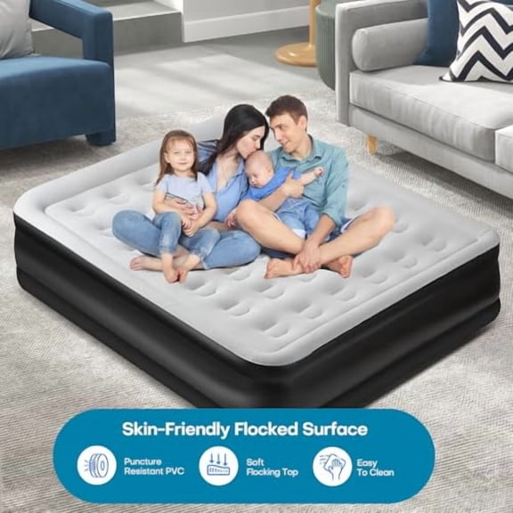 Panana Queen Air Mattress with Built in Electric Pump, Height 18.5" Comfort Blow up Inflatable Guest Air Bed Airbed with Flocked Top, Storage Bag for Family, Home, Camping