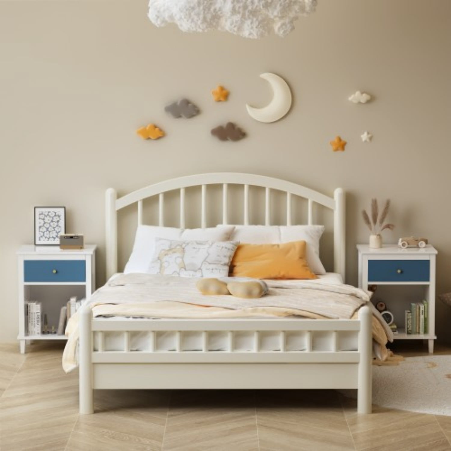 26.77" Wooden Nightstand with Drawer and Open Shelf, Modern Bedside Table for Kids & Adults, MDF End Table with Silver Handle, White+Navy