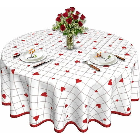 

Valentines Day Tablecloth White Plaid Tablecloth Round 60 Inch Heart Tablecloth Washable for Holiday Kitchen Dining Table Decor