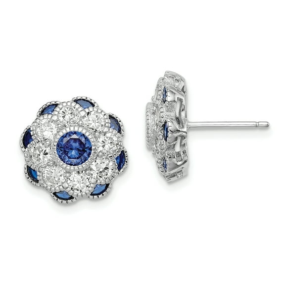 Primal Silver Sterling Silver Rhodium Cubic Zirconia and Synthetic Blue Spinel Flower Post Earrings
