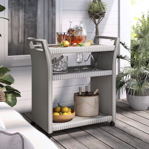 Courtnie 3-Shelf Aluminum Outdoor Bar Cart with Caster, Gray and White
