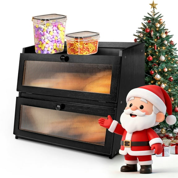 Zenkitch Pure Bamboo Bread Box, Roomy Two-Layer Bread Storage Container for Kitchen Counters, Black