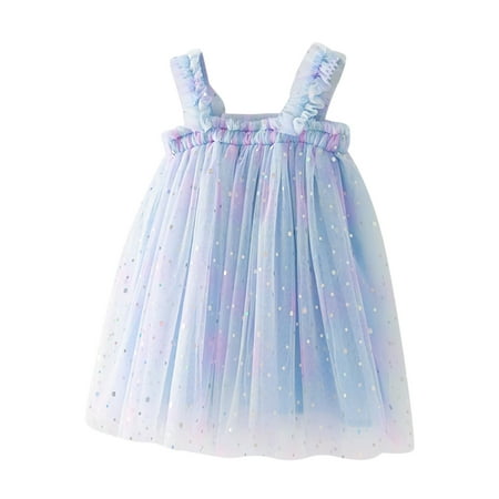 

GWAABD Dresses for Big Girls Blue Cotton Blend Toddler Girls Sleeveless Dot Tulle Suspenders Princess Dress Dance Party Dresses Clothes 130
