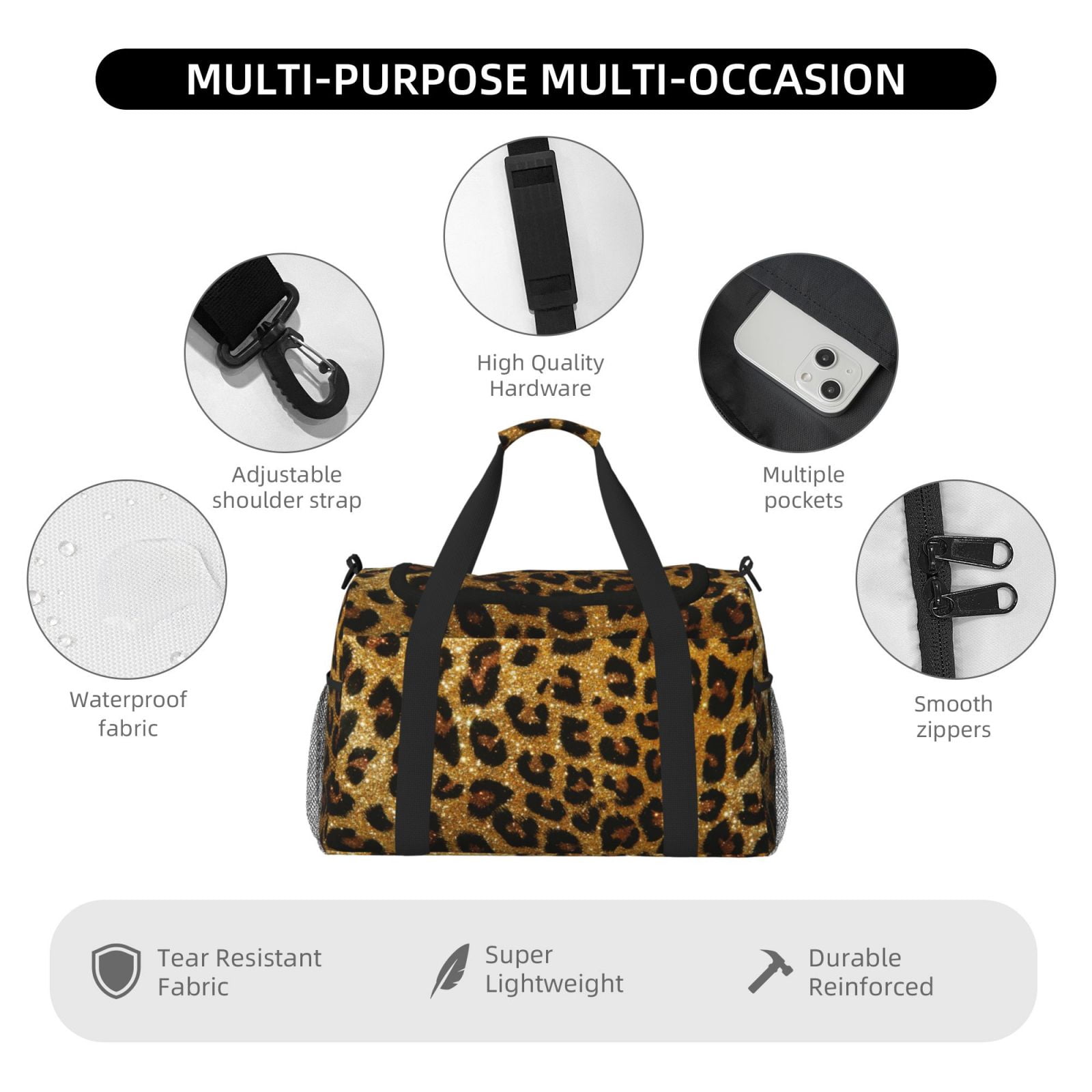 Ratiio Golden Leopard Glitter Pattern Hand Travel Bag, Weekender Carry On for Women Men, Sports Gym Bag, Workout Duffel Bag, Overnight Shoulder Bag fit 15.6 Inch Laptop