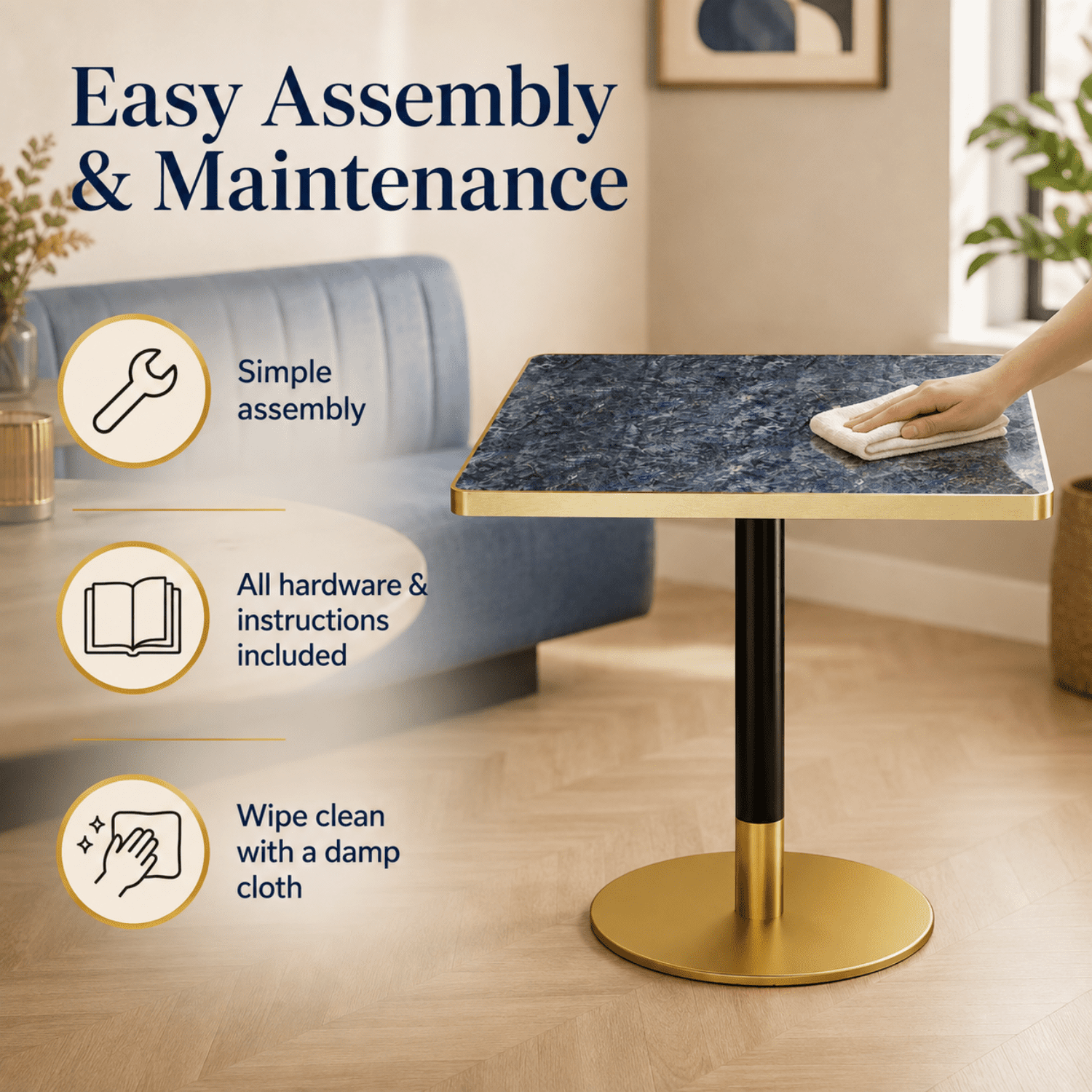 Miniyam 31.5 in Square Dining Table for 2-4, Marble-Look Sintered Stone Top, Stainless Steel Pedestal Base for Small Space, Blue