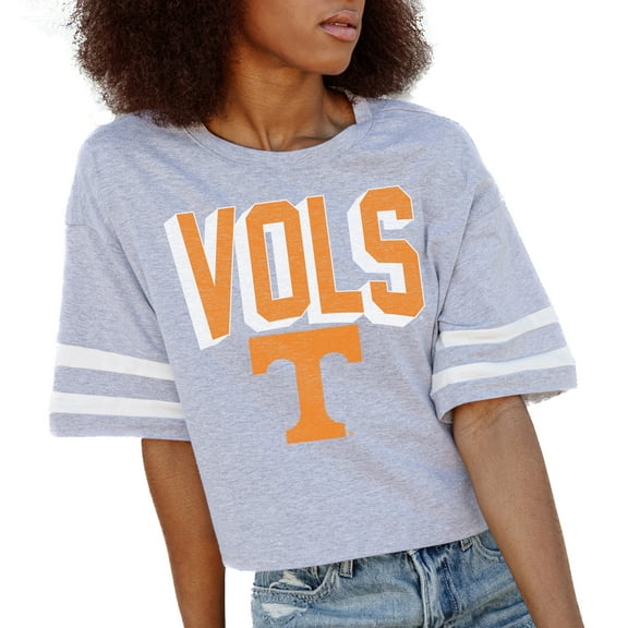 Women's Gameday Couture Gray Tennessee Volunteers No Shortcuts Drop Shoulder Sleeve Stripe Cropped T-Shirt