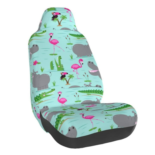 Wukai Hippo With Flamingos And Crocodiles Full Set Car Seat Covers with Soft Padding Universal Auto Front Seats Protector and Cushion Mat