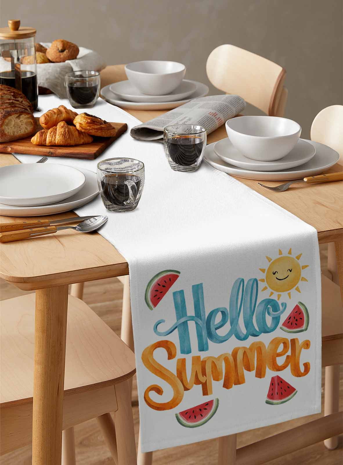 Hello Summer Burlap Cotton Table Runner 14x72 Inches Long, Watercolor Watermelon Tropical Fruit Farmhouse Table Runners, Outdoor Dining Tablecloths Decor for Baby Shower/Party/Wedding