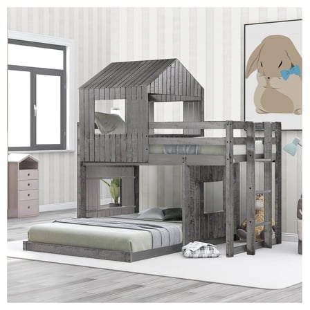 Wooden Twin Over Full Bunk Bed, Loft Bed with Playhouse, Ladder & Guardrails, Antique Gray