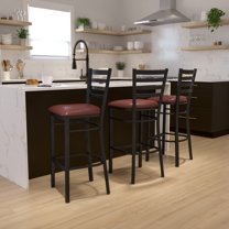 BizChair Black Ladder Back Metal Restaurant Barstool - Burgundy Vinyl Seat