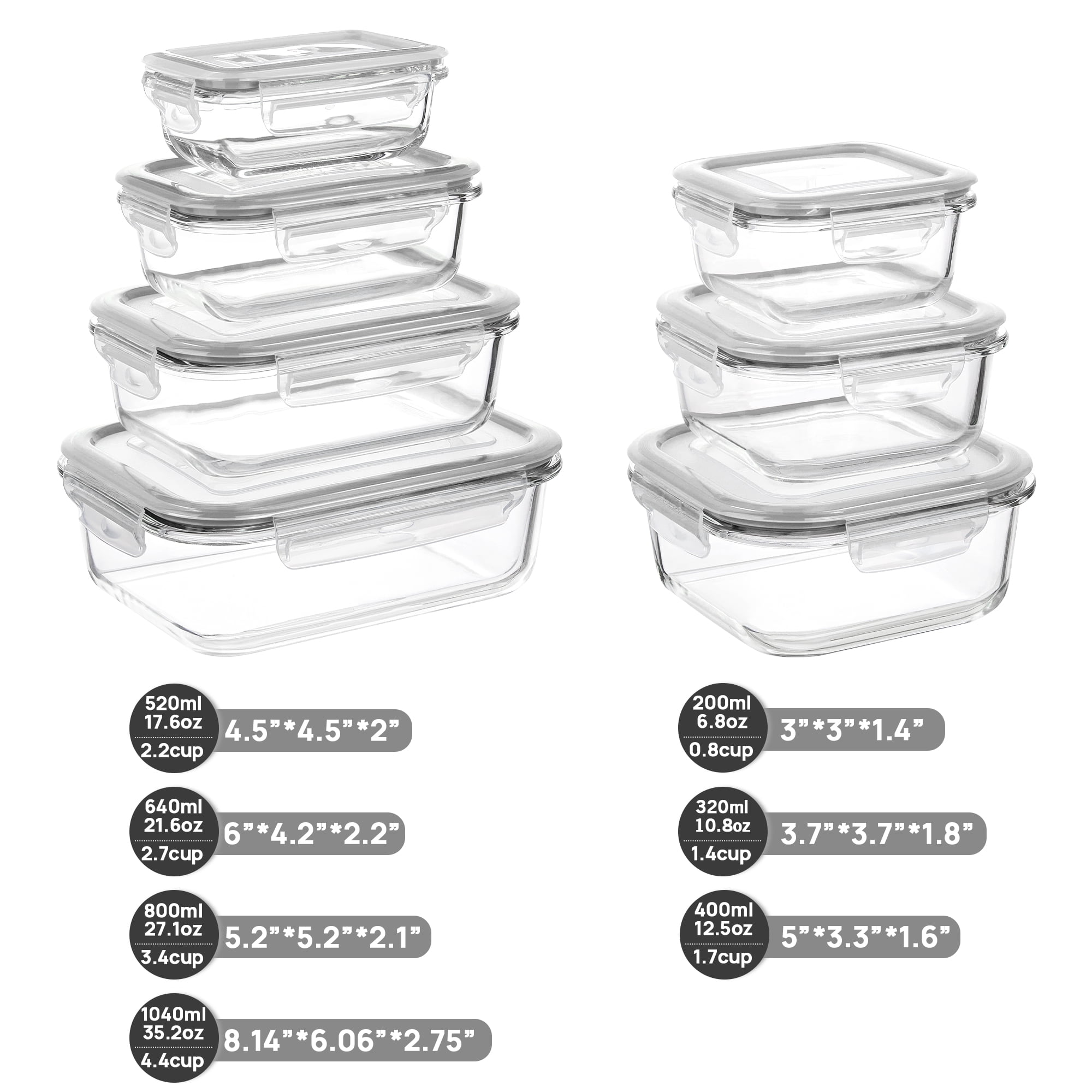 7pcs Glass Storage Container Set with Lids, Sindcom Meal Prep Containers, Airtight Bento Boxes, Gray