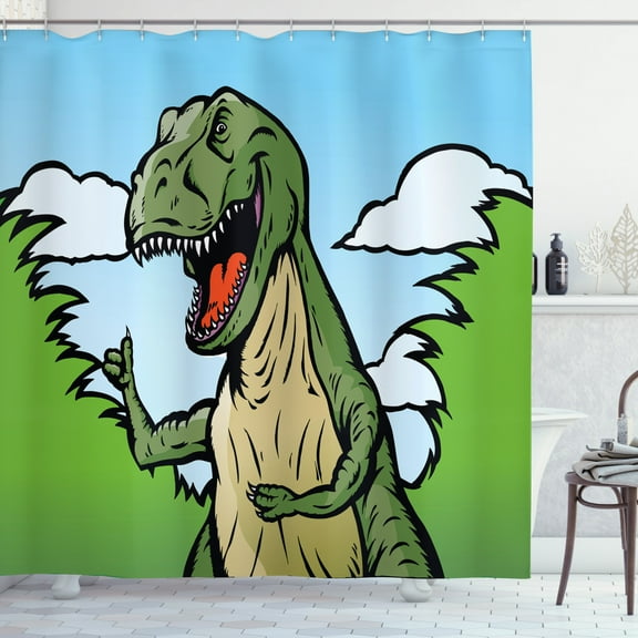 Ambesonne Dinosaur Shower Curtain, Cartoon T-Rex Funny, 69"Wx75"L, Dark Green Pale Blue