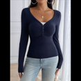 thumbnail image 4 of Camisa de Larga para Mujer, Cuello en V, Botones, Punto Acanalado, Corte Entallado, Informal, Básica, para y Otoño Azul M, 4 of 10