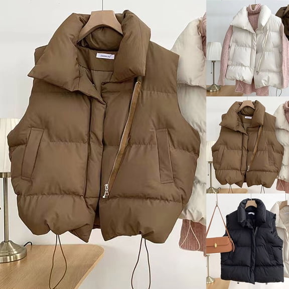 Hueook Vest Tops for Women Women Winter Sleeveless Cardigan Pocket Warm Jacket Zipper Fashion Blouse Coats Brown XL