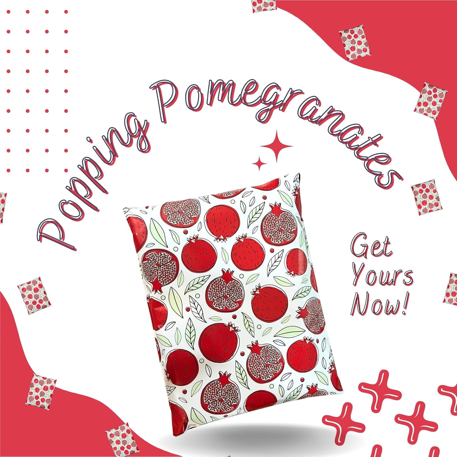 Hawk Poly Mailers 10x13 Cute Fun 3.15mil Tamper-Evident Self-Sealing Shipping Envelopes for Small Businesses Printed Waterproof Mailing Bags Tear Proof Non Padded (Popping Pomegranates, 10x13)