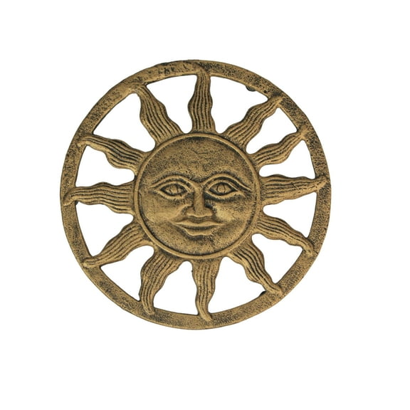Zeckos Cast Iron Sun Face Trivet – Distressed Gold Finish, Heat-Resistant Kitchen Decor