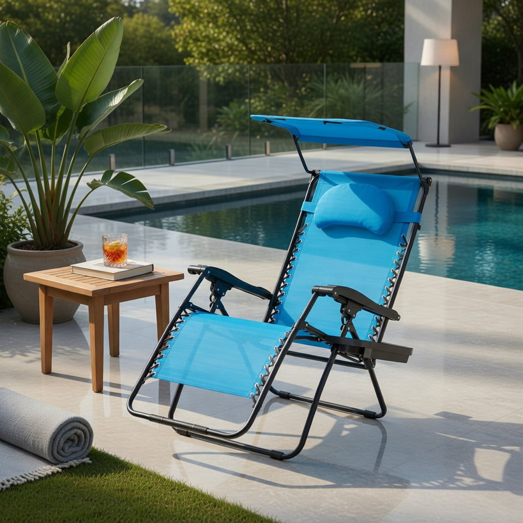 Hommoo Folding Recliner Lounge Chair with Adjustable Sun Shade Canopy, Removable Cup Holder & Headrest, Steel Frame, Turquoise