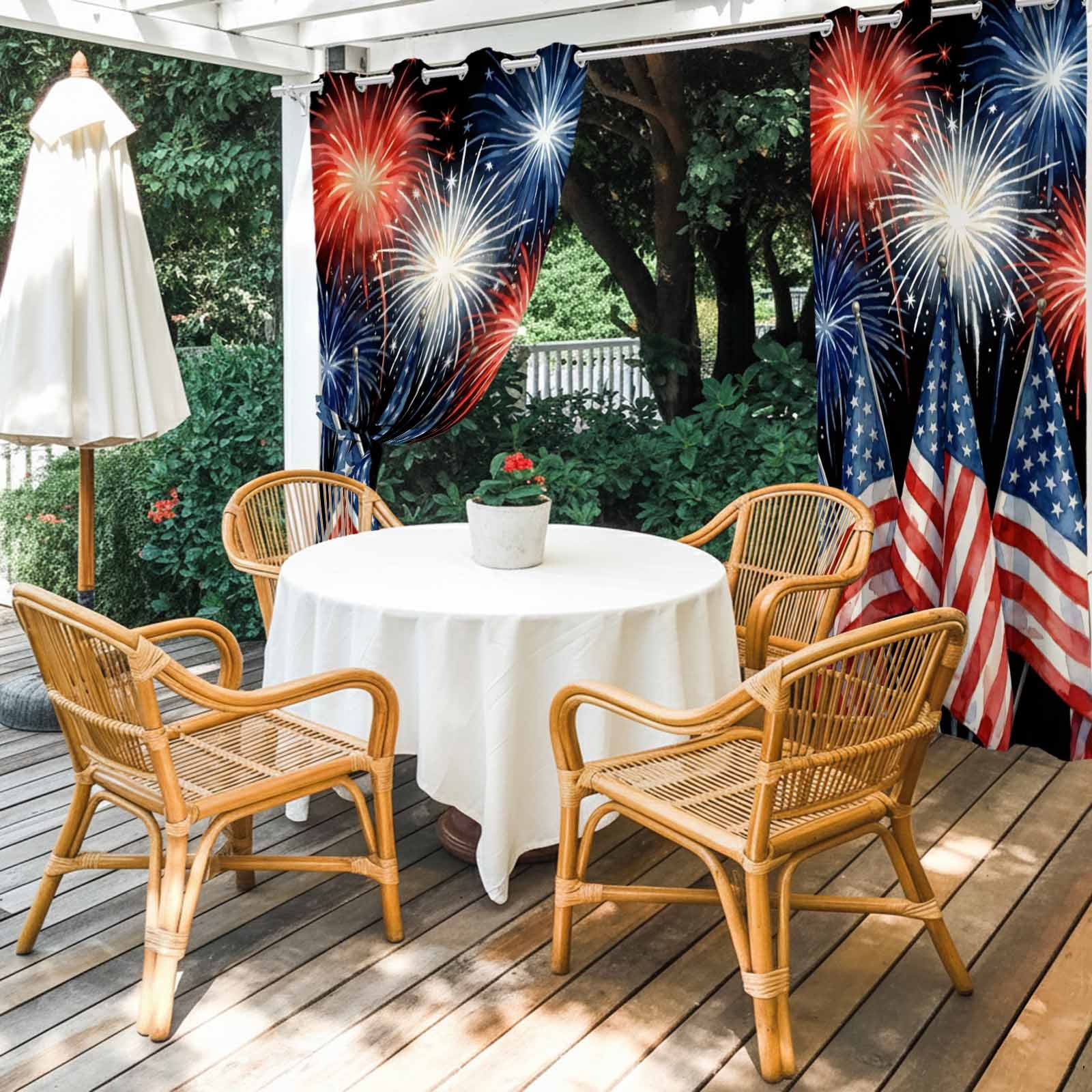 Independence Day Outdoor Curtains for Patio, American Flag Fireworks Starry Sky Abstract Watercolor Sunshade Privacy Drapes Grommet Waterproof Outside Curtains for Porch Balcony 54"x95", 2 Panel