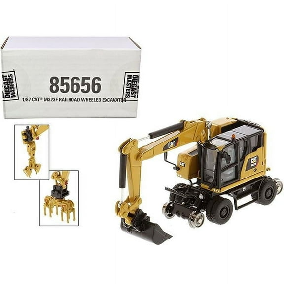 Diecast Masters 85656 1-87 HO Scale CAT Caterpillar M323F Railroad Wheeled Excavator with 3 Accessories High Line Series Diecast Model