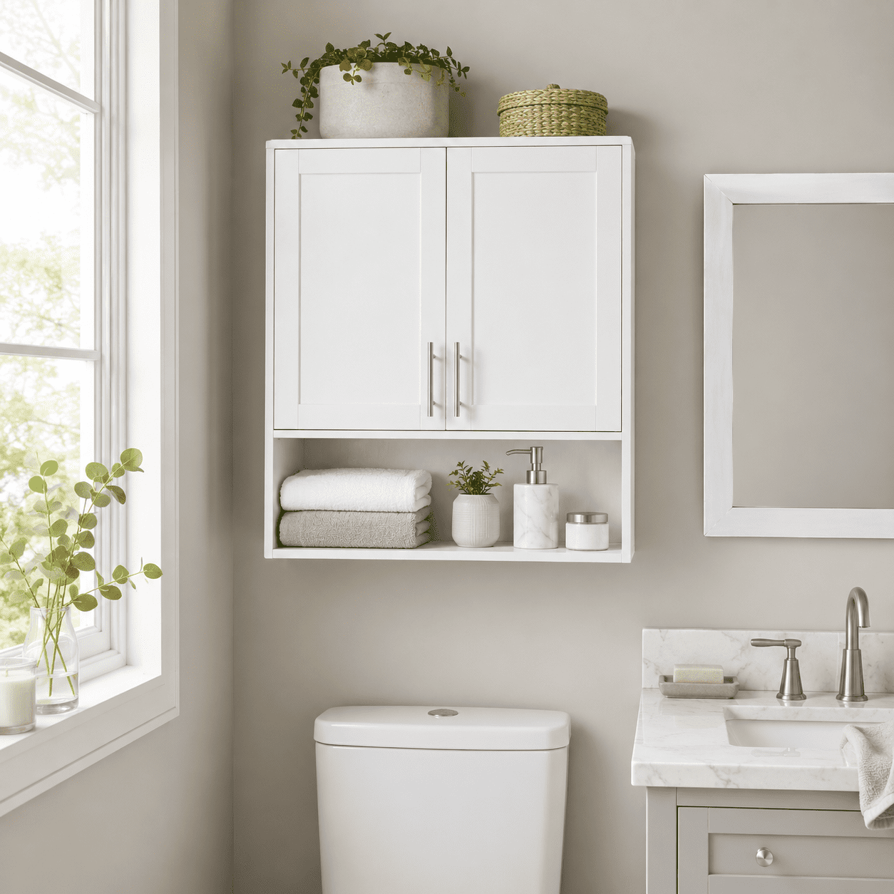 Aukfa Bathroom Wall Cabinet with Tissue Dispenser Slot, 2-Door Over the Toilet Storage Cupboard, White