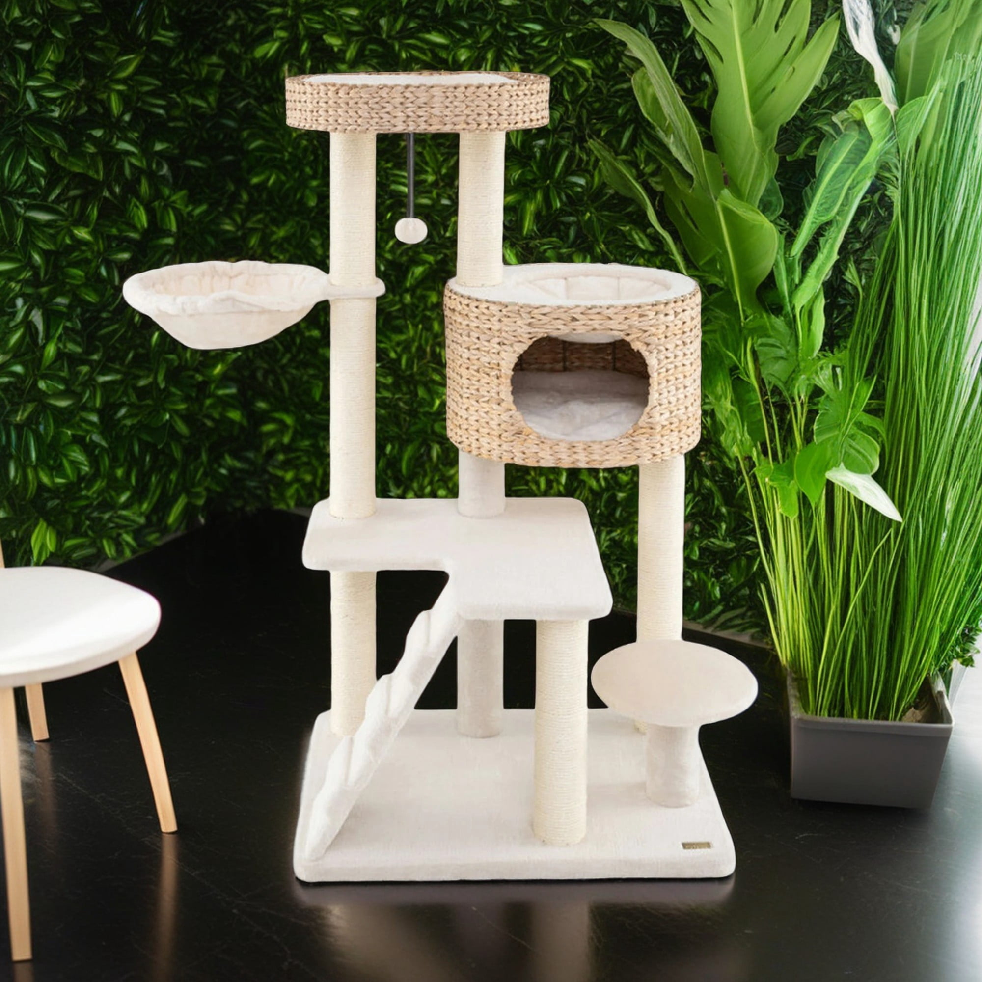 Pefilos 50" Tall Modern Cat Tree for Indoor Cats with Scratching Posts, Hand-Woven Condo and Top Perch, Cat Tower for Kittens Climb Play, White