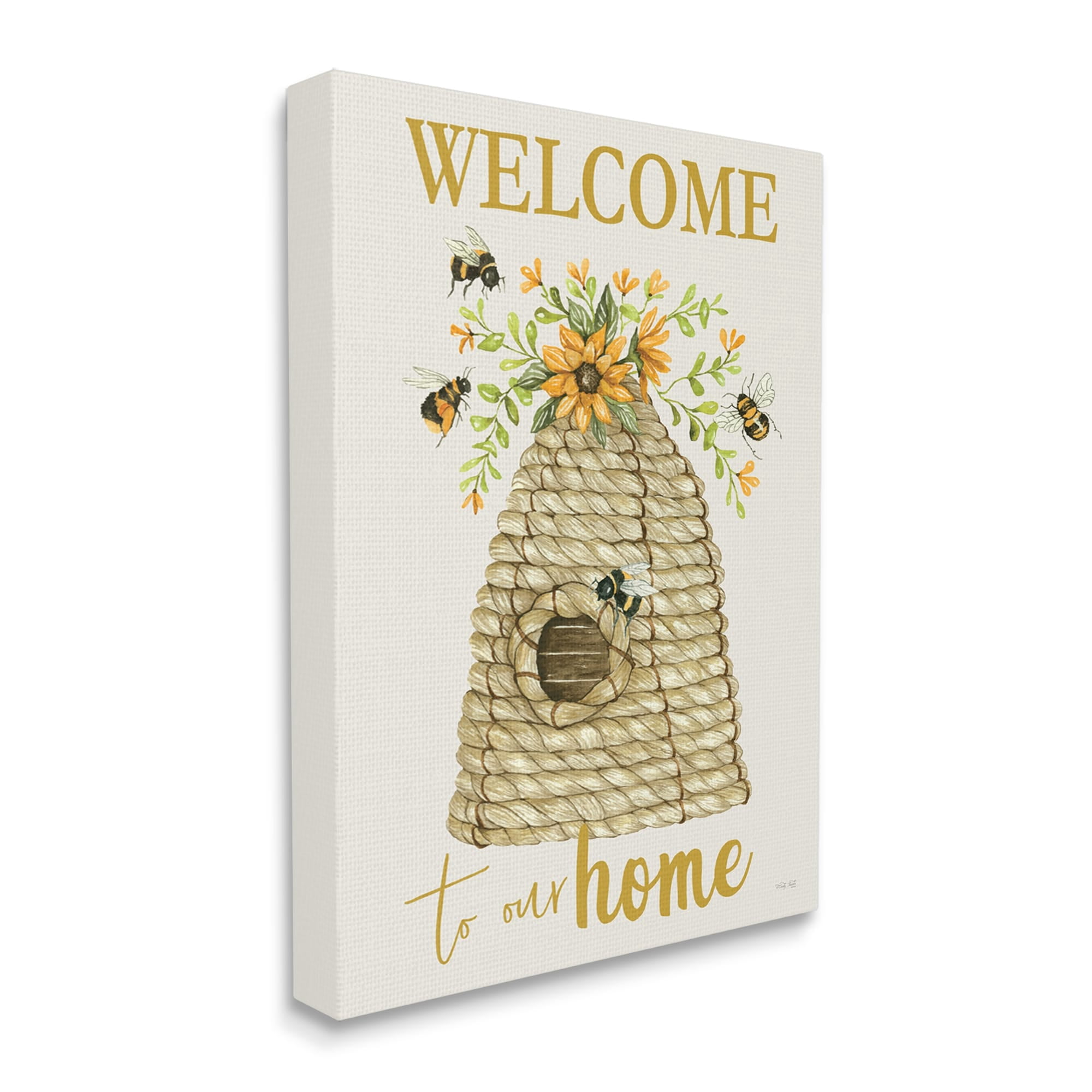 Stupell Industries Welcome Home Insect Hovering Roped Beehive and Sunflowers,24 x 30, Design by Cindy Jacobs