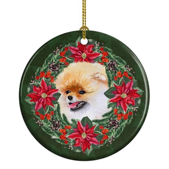 Pomeranian Poinsetta Wreath Ceramic Ornament 2.8 in x 2.8 in