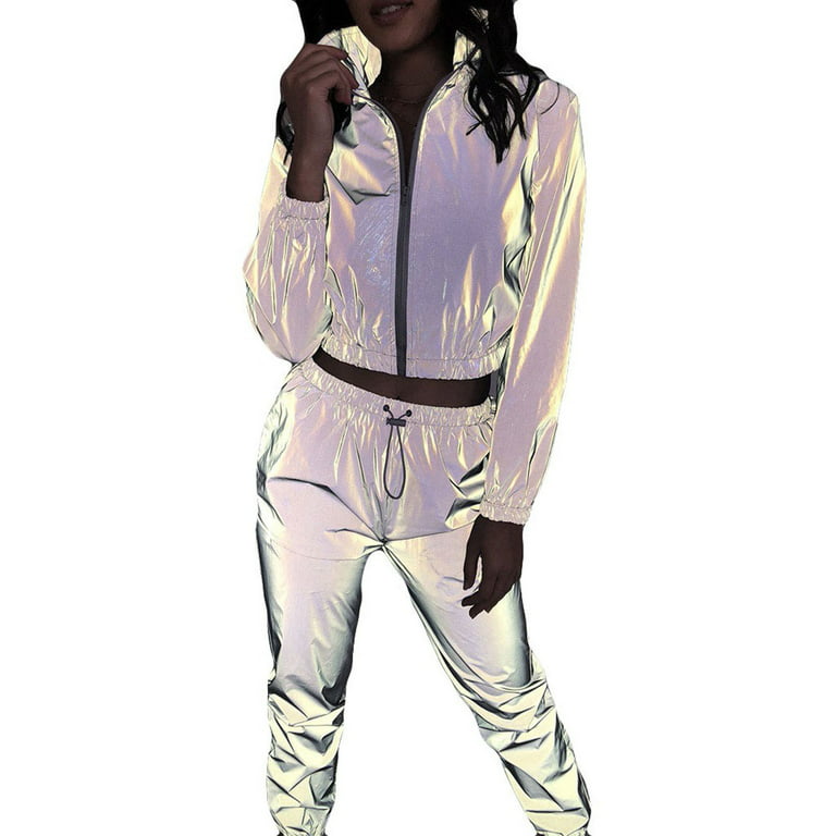 Women Rave Reflective Tracksuit Zip Up Long Sleeves Jacket Jogger Pants  with Pockets for Sport Party Festival 