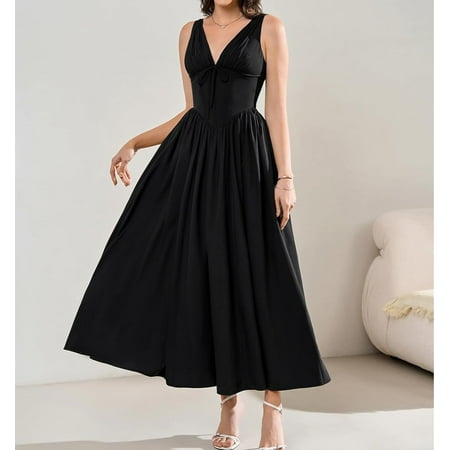 Women s summer tight corset MIDI dress  fashionable and casual V-neck flowing A-line sun skirt wedding guest dress  with pockets 2025