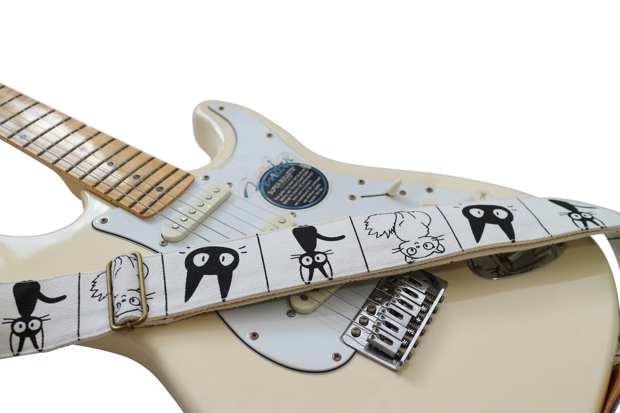 MUSIC FIRST Original Design, 2 inch width (5cm), Cute Comic Cat Soft Cotton Canvas & Genuine Leather Electric Guitar Strap