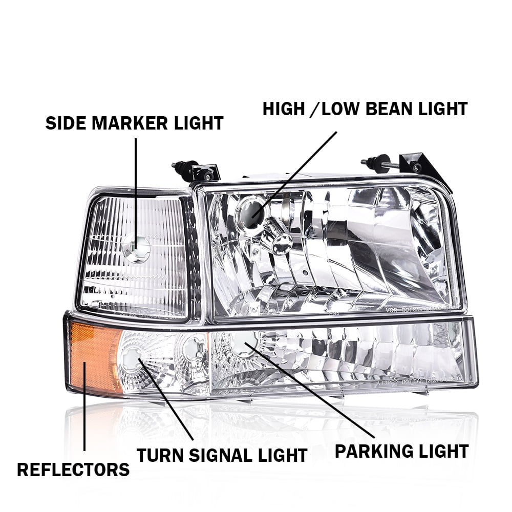 PIT66 Headlights w/Corner Signal Lamp Bumper Lamps Fit for 1992-1996 Ford F150 F250 F350 Bronco Clear Lens Chrome Housing Amber Reflector
